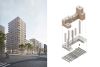 Perspective from the Avenue de France and axonometric view of the mixed timber-and-concrete construction system.